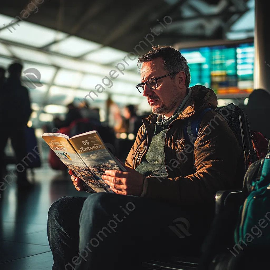 Traveler reading travel magazine at airport gate. - Image 1