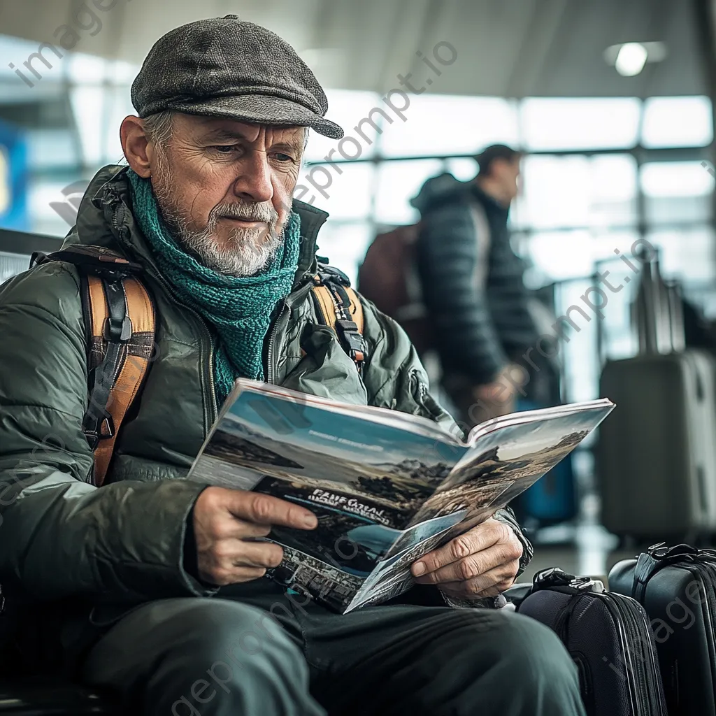 Traveler reading travel magazine at airport gate. - Image 2