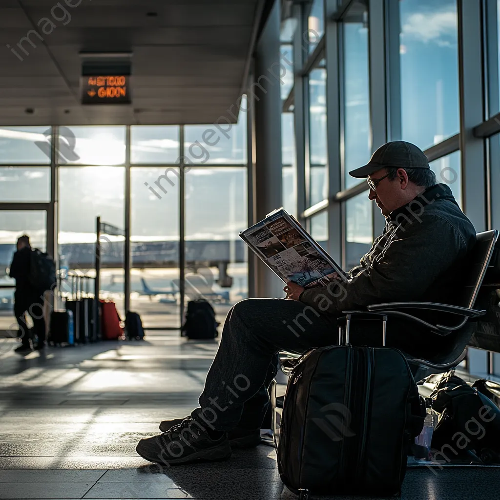 Traveler reading travel magazine at airport gate. - Image 3