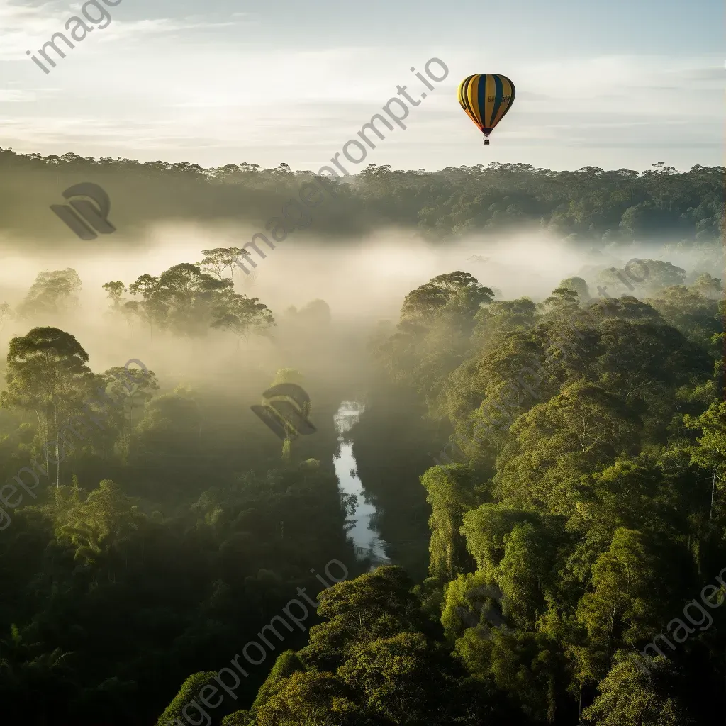 Hot air balloon ride over a misty forest canopy with sunlight filtering through the trees - Image 1