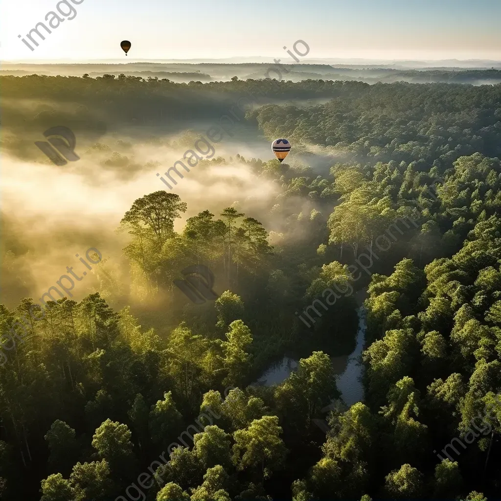 Hot air balloon ride over a misty forest canopy with sunlight filtering through the trees - Image 2