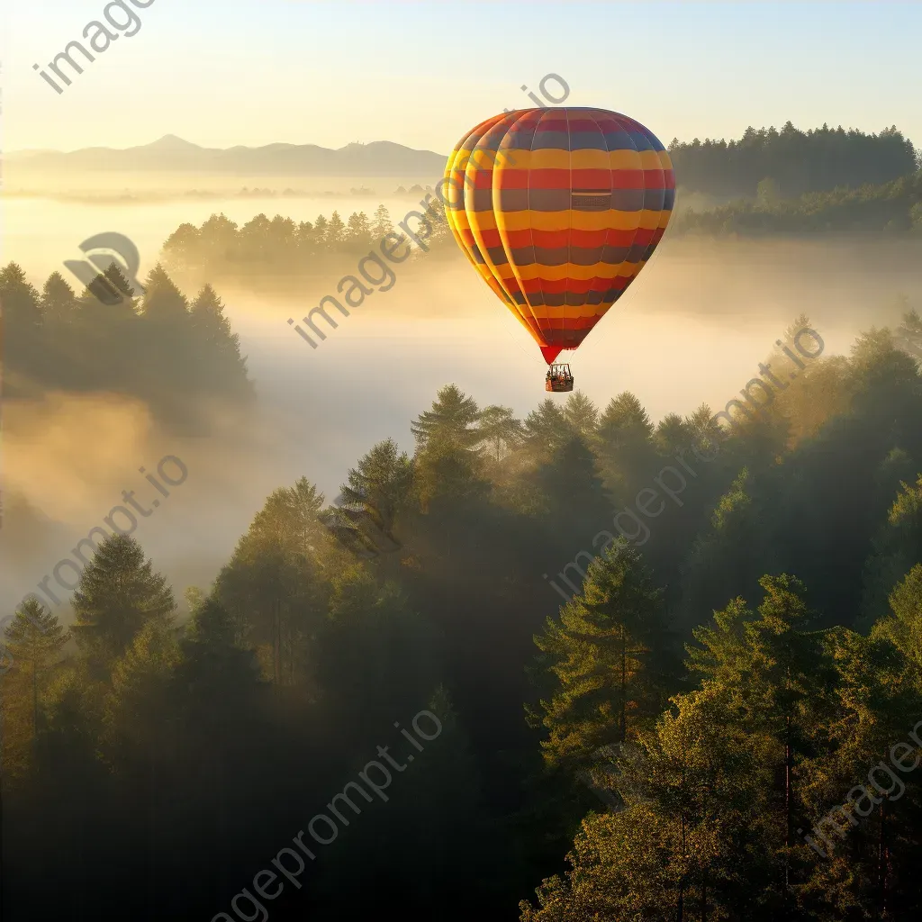 Hot air balloon ride over a misty forest canopy with sunlight filtering through the trees - Image 4