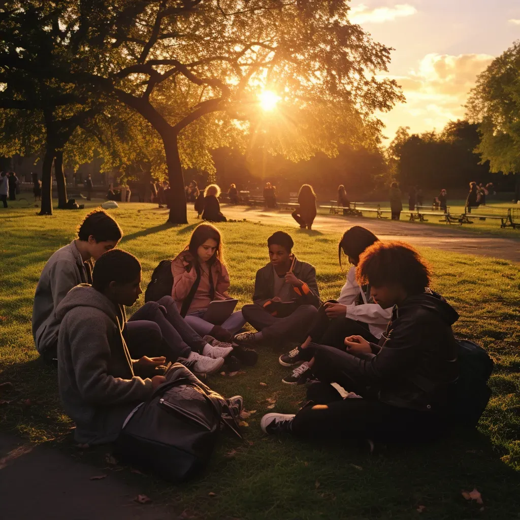 Group of teenagers sitting in a park absorbed in their smartphones as the sun sets - Image 2