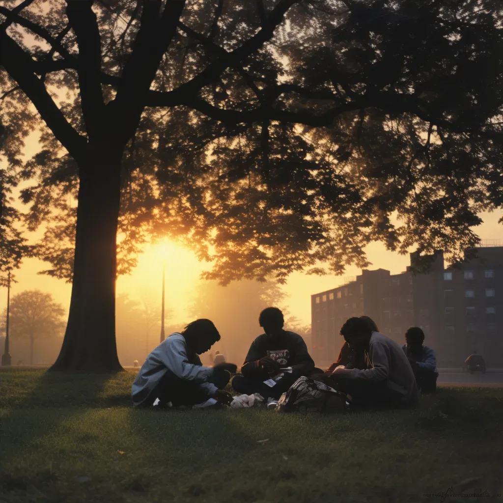 Group of teenagers sitting in a park absorbed in their smartphones as the sun sets - Image 4