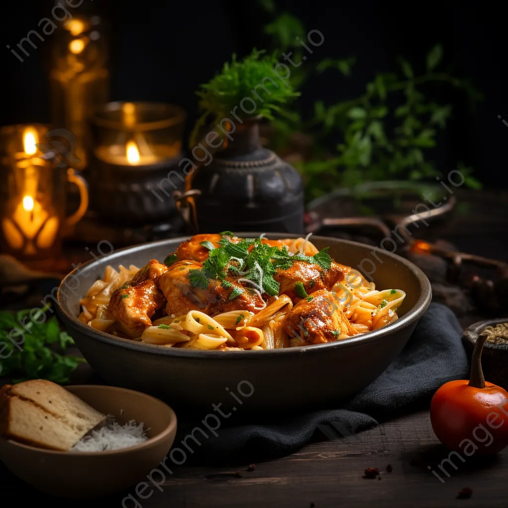 Fusion dish of butter chicken pasta in a rustic bowl - Image 1