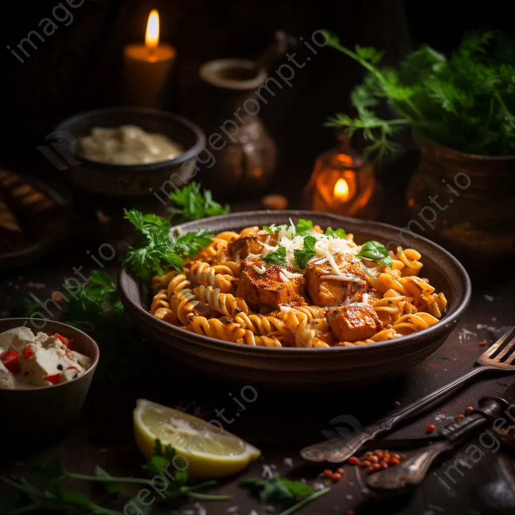 Fusion dish of butter chicken pasta in a rustic bowl - Image 2