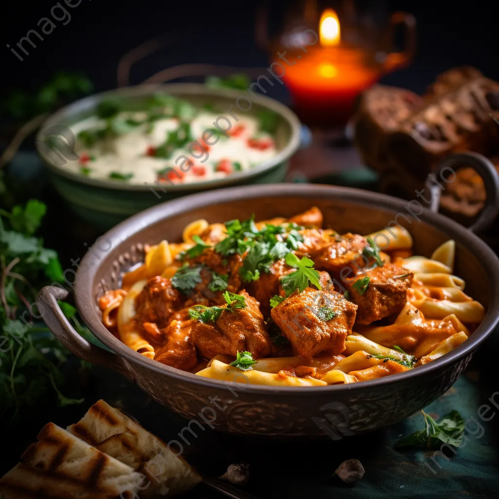 Fusion dish of butter chicken pasta in a rustic bowl - Image 4