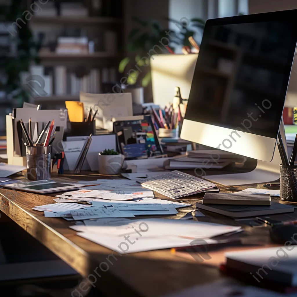 Busy office desk with paperwork and computer under dramatic light - Image 1