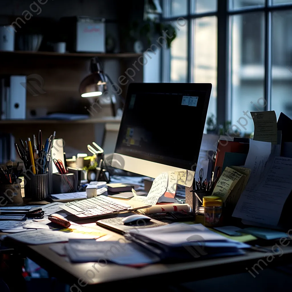 Busy office desk with paperwork and computer under dramatic light - Image 2