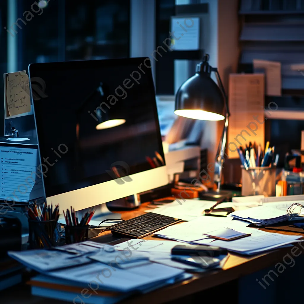 Busy office desk with paperwork and computer under dramatic light - Image 3