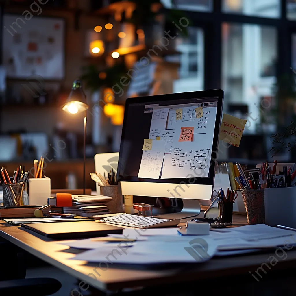 Busy office desk with paperwork and computer under dramatic light - Image 4