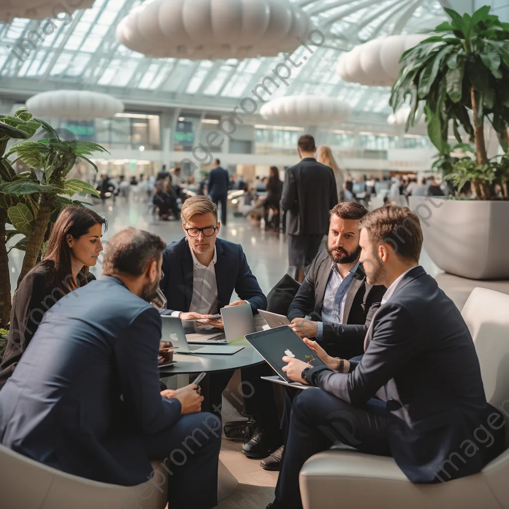 A corporate team working together in an airport waiting area - Image 1