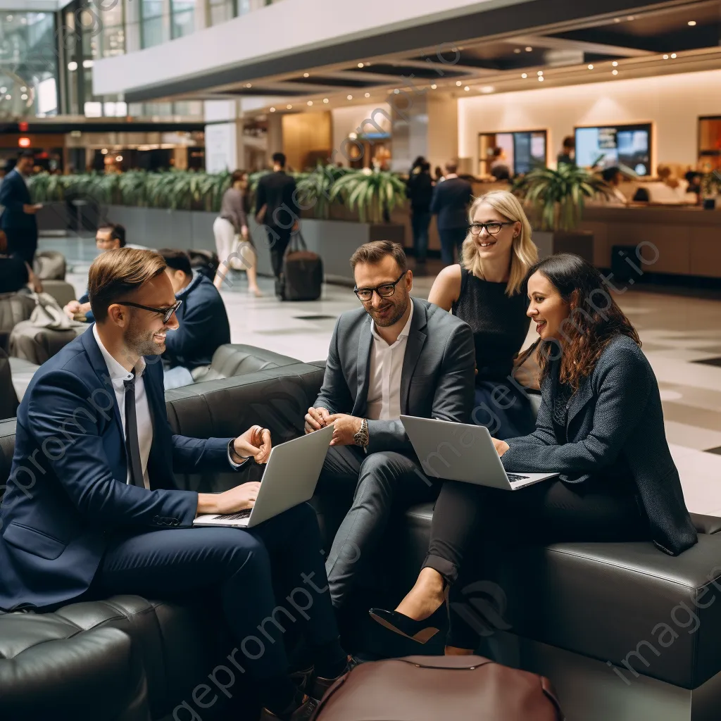 A corporate team working together in an airport waiting area - Image 2