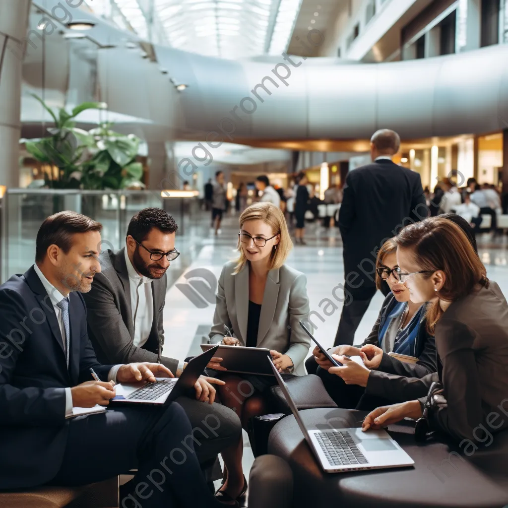 A corporate team working together in an airport waiting area - Image 4