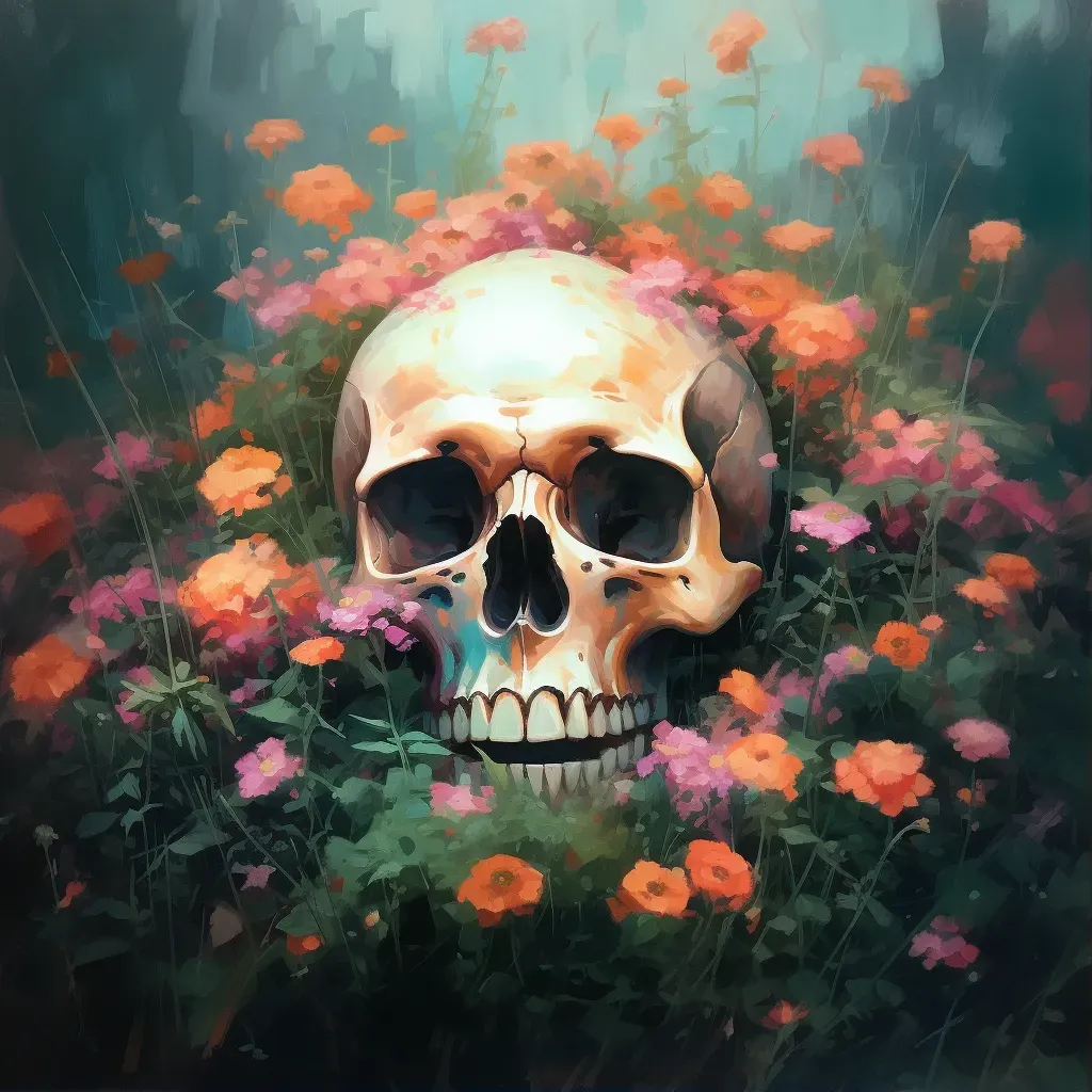 Image of a skull overgrown with blooming wildflowers - Image 1