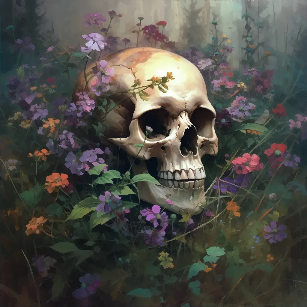 Image of a skull overgrown with blooming wildflowers - Image 2