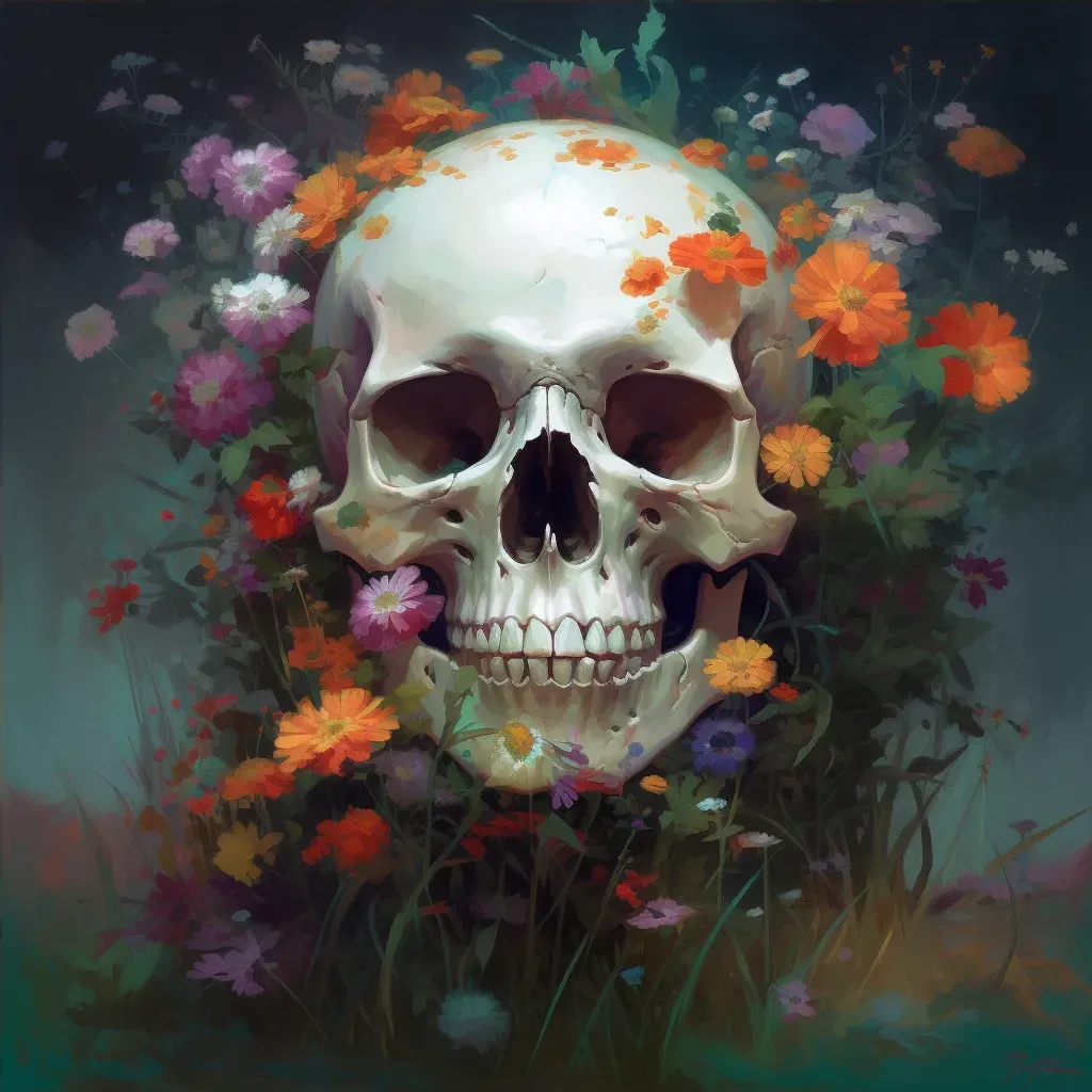 Image of a skull overgrown with blooming wildflowers - Image 4