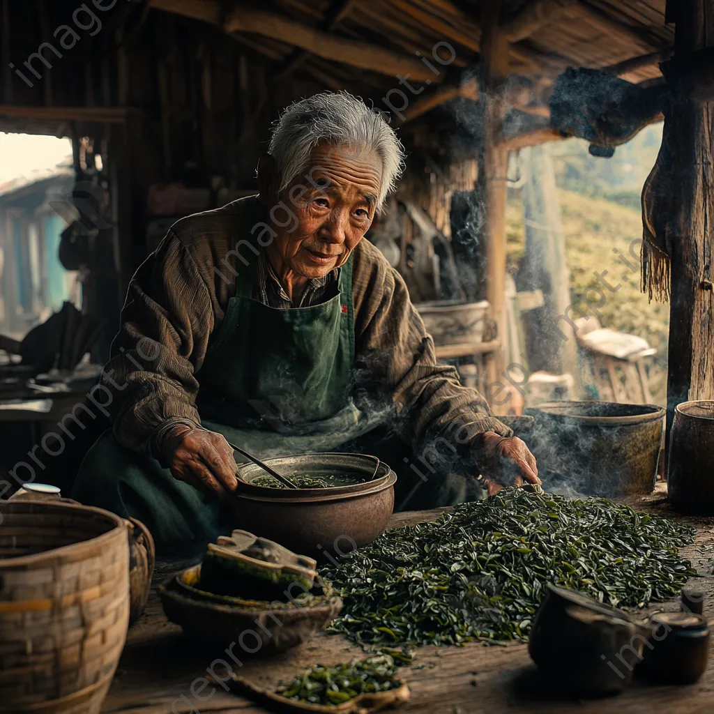 Older farmer demonstrating traditional tea processing in a barn - Image 1