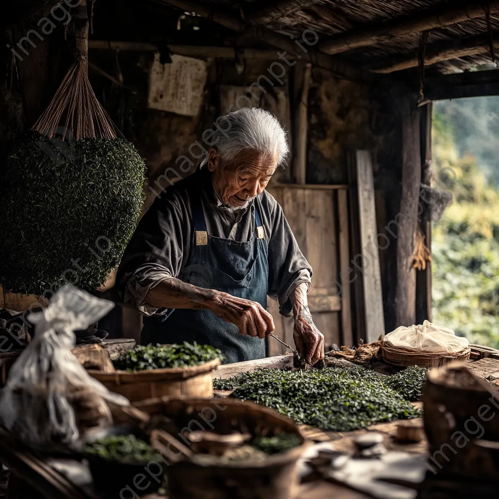 Older farmer demonstrating traditional tea processing in a barn - Image 3