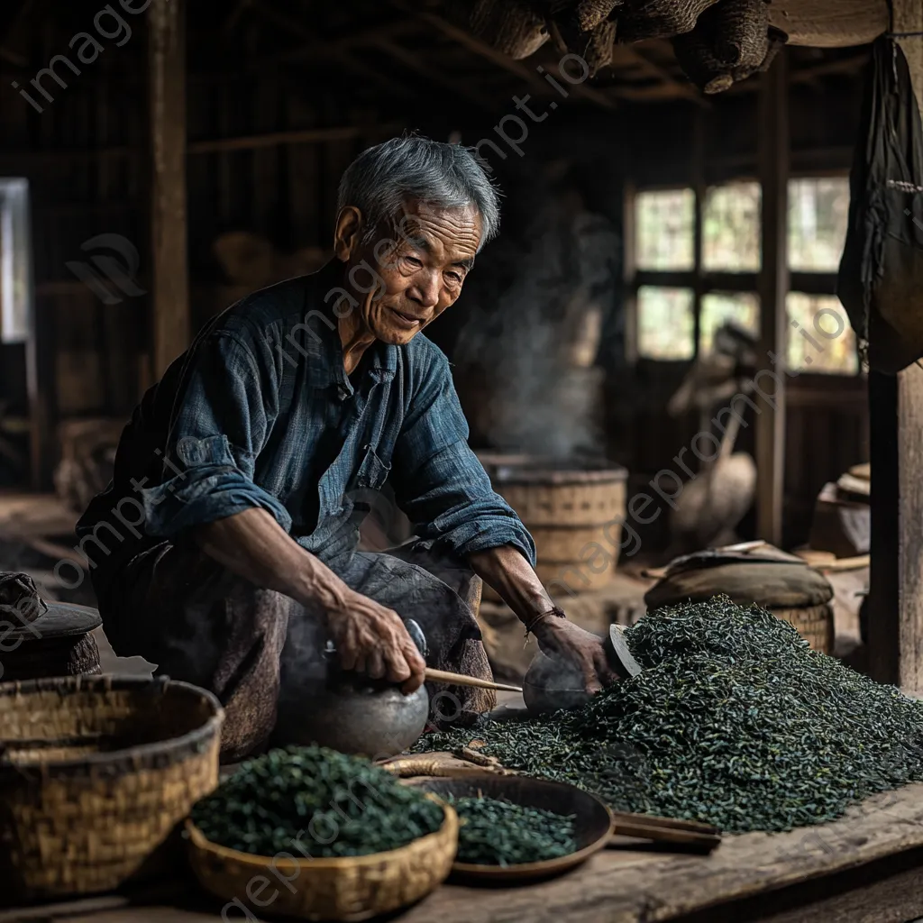 Older farmer demonstrating traditional tea processing in a barn - Image 4