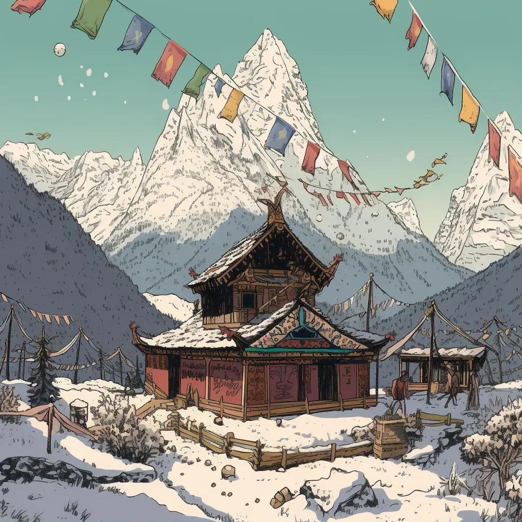 Peaceful Buddhist monastery surrounded by snow-capped peaks in the Himalayas - Image 1