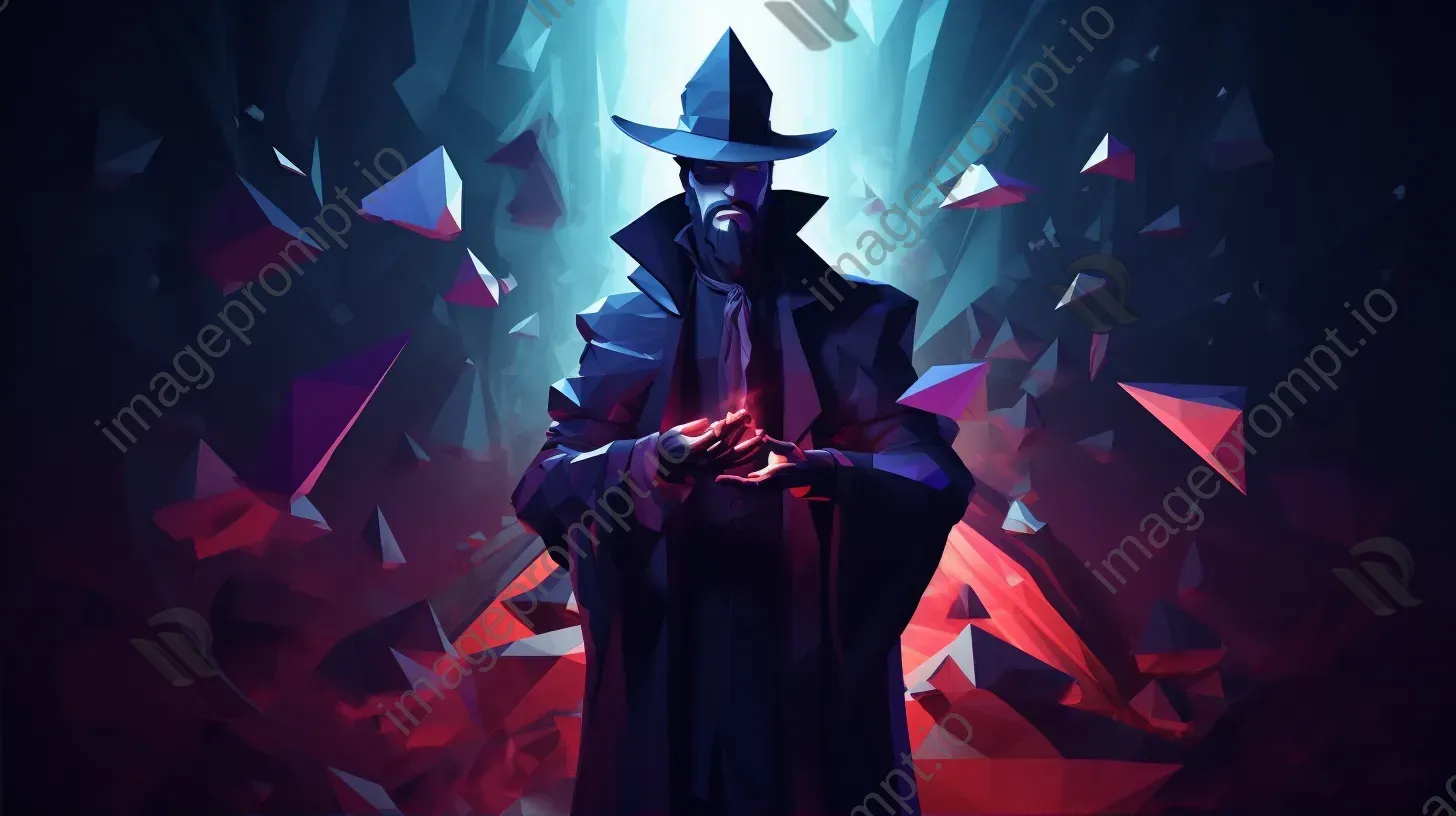 Low poly portrait of a mysterious magician with contrasting light and dark elements - Image 2