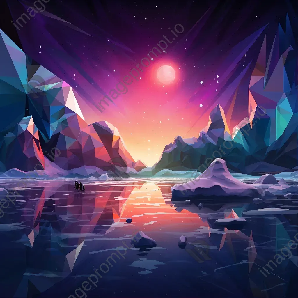 Low poly representation of Northern Lights over an icy planet - Image 1