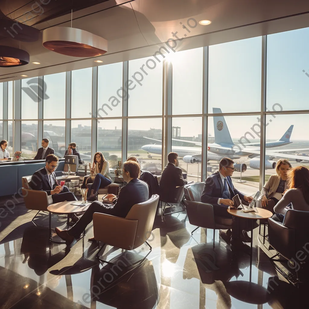 A busy airport lounge with business professionals conversing - Image 4