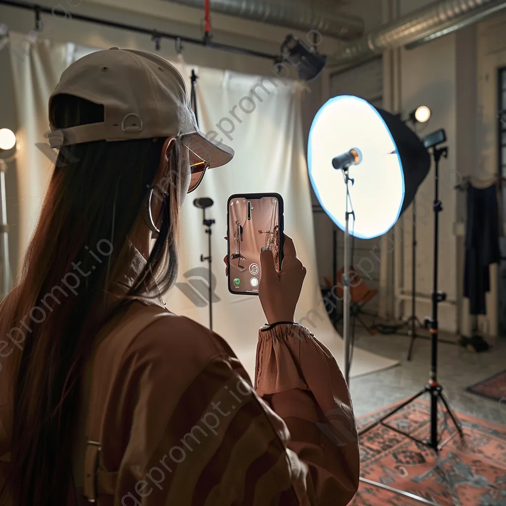 Fashion influencer taking photos behind the scenes in a studio - Image 3