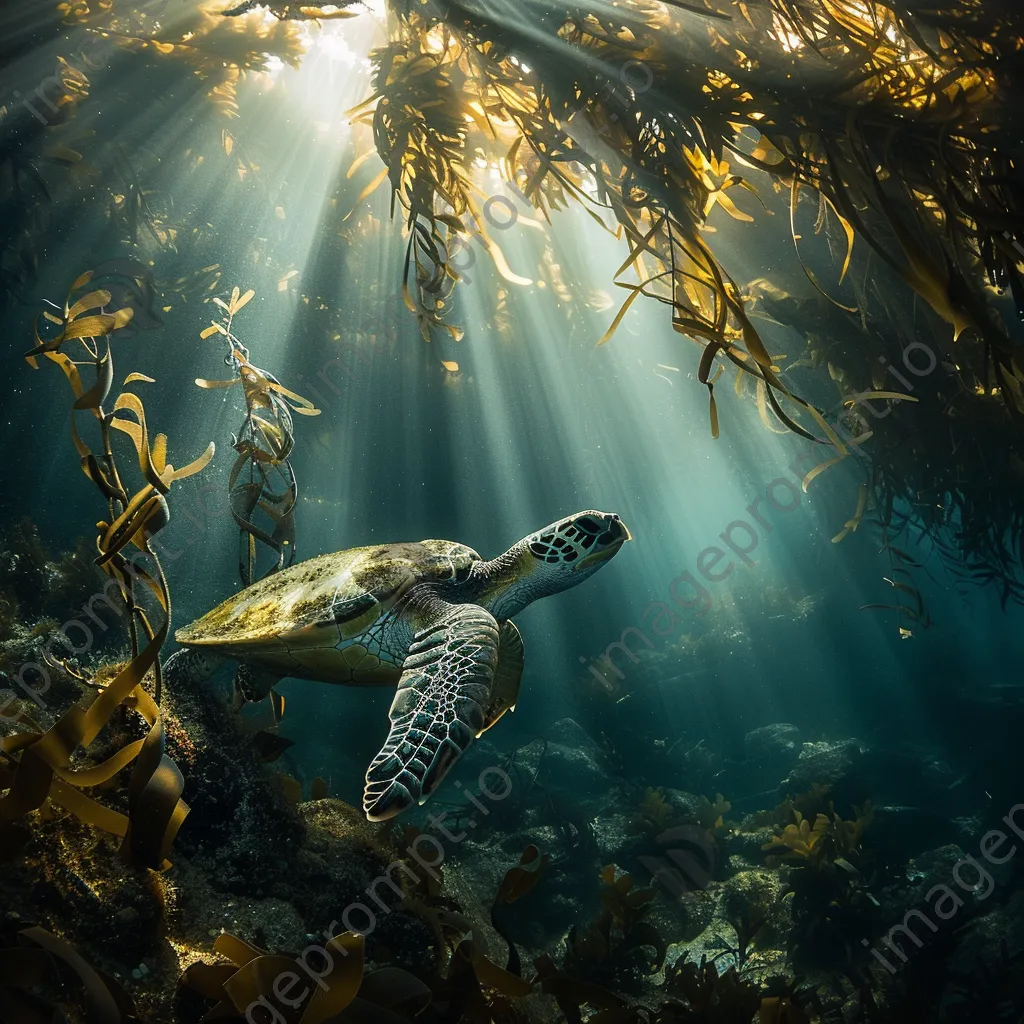 Sea turtle gliding through kelp forest underwater - Image 1