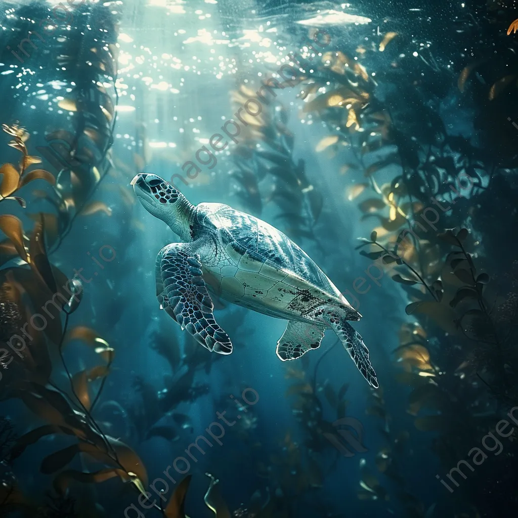 Sea turtle gliding through kelp forest underwater - Image 2