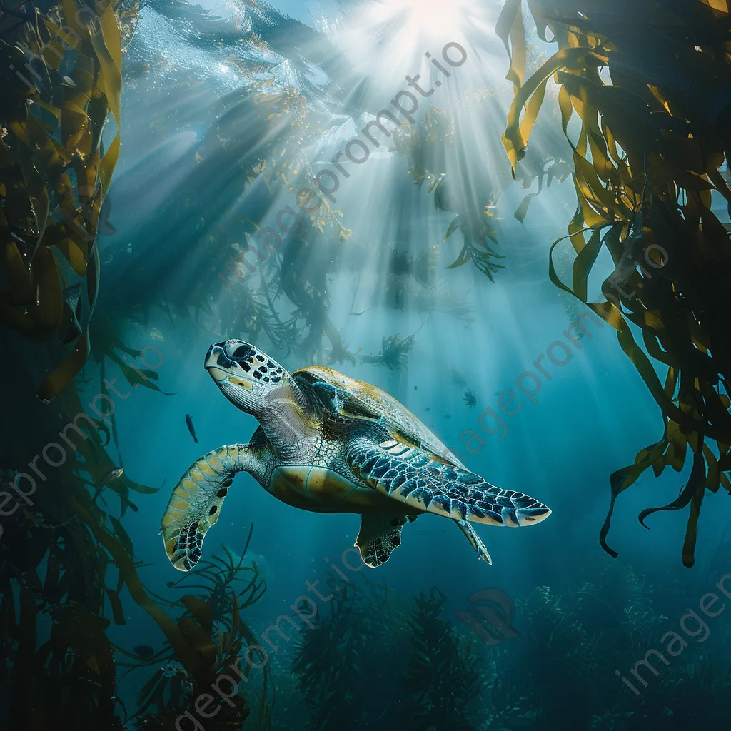 Sea turtle gliding through kelp forest underwater - Image 3