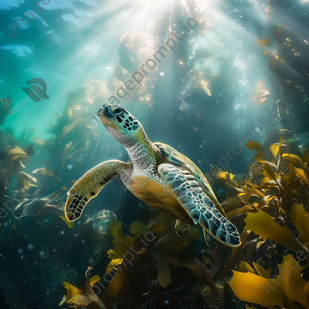 Sea turtle gliding through kelp forest underwater - Image 4