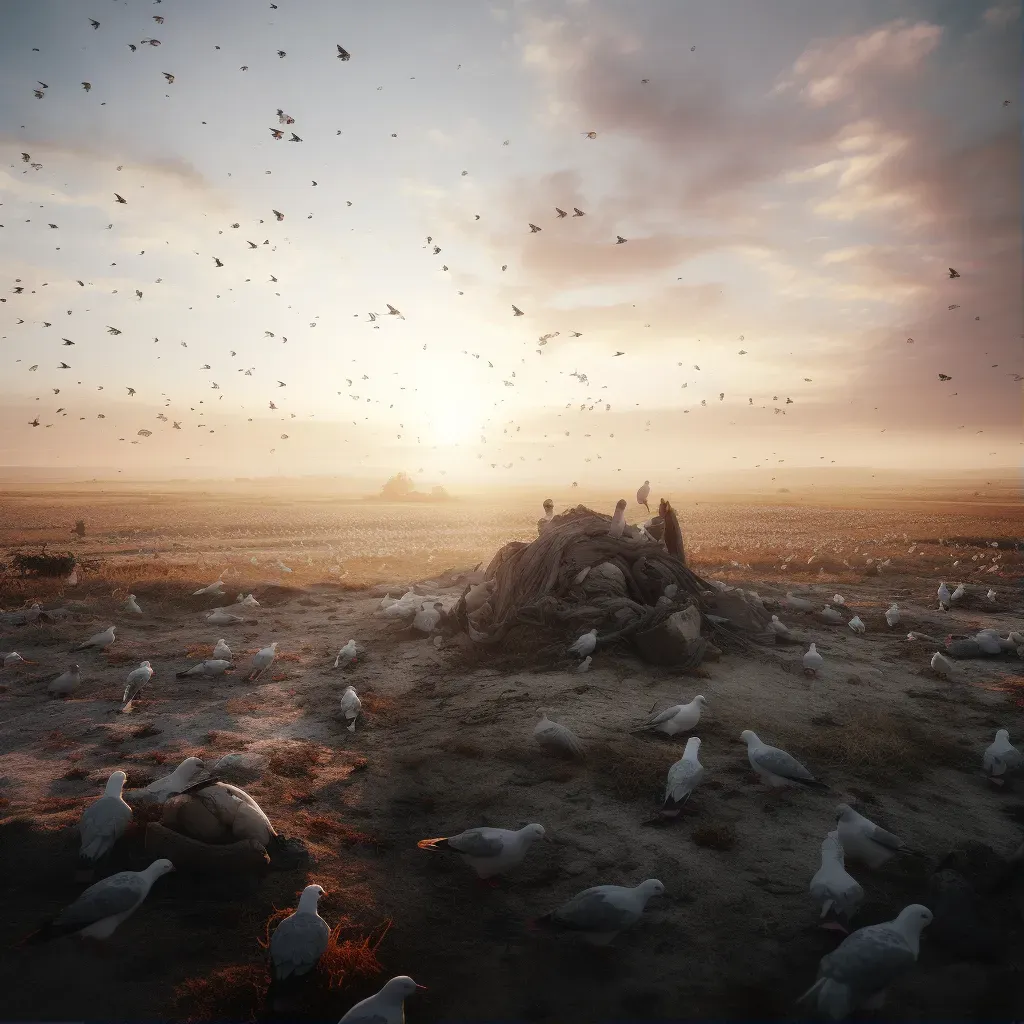 Image of a battlefield at dawn with remnants of conflict and a white dove flying overhead - Image 1