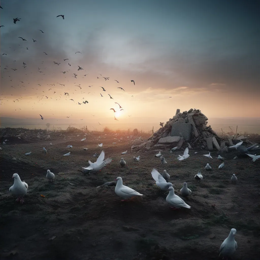 Image of a battlefield at dawn with remnants of conflict and a white dove flying overhead - Image 2