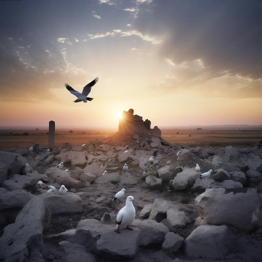 Image of a battlefield at dawn with remnants of conflict and a white dove flying overhead - Image 3