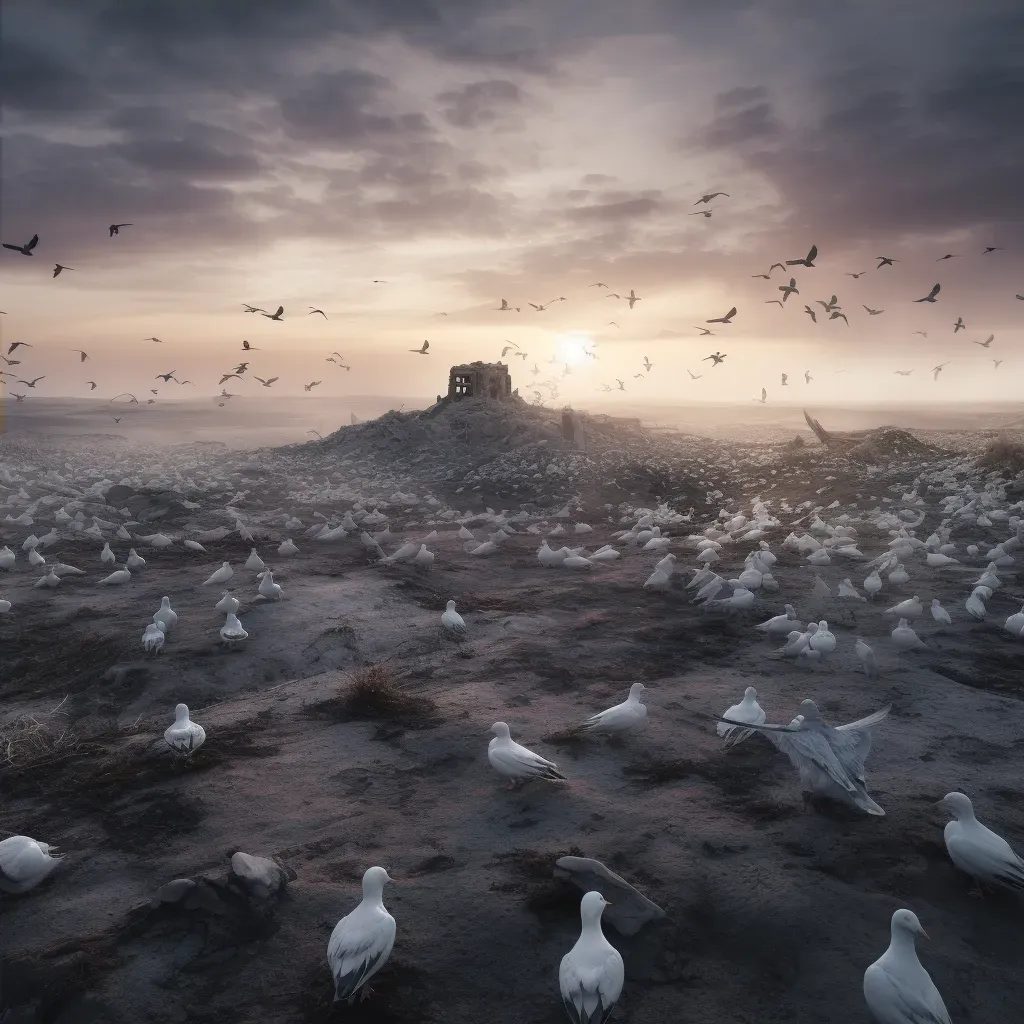 Image of a battlefield at dawn with remnants of conflict and a white dove flying overhead - Image 4