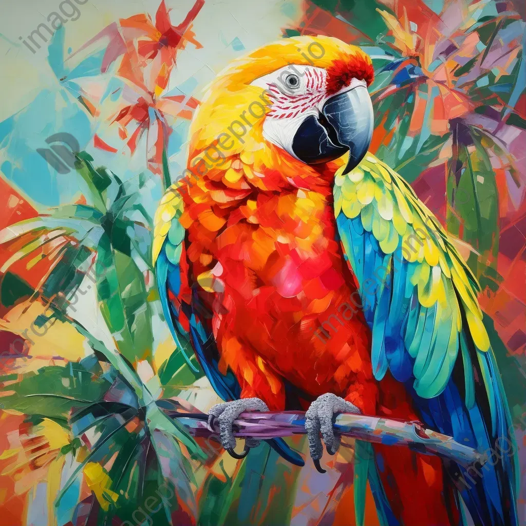 Fauvist style painting of a colorful parrot on a tropical plant - Image 1