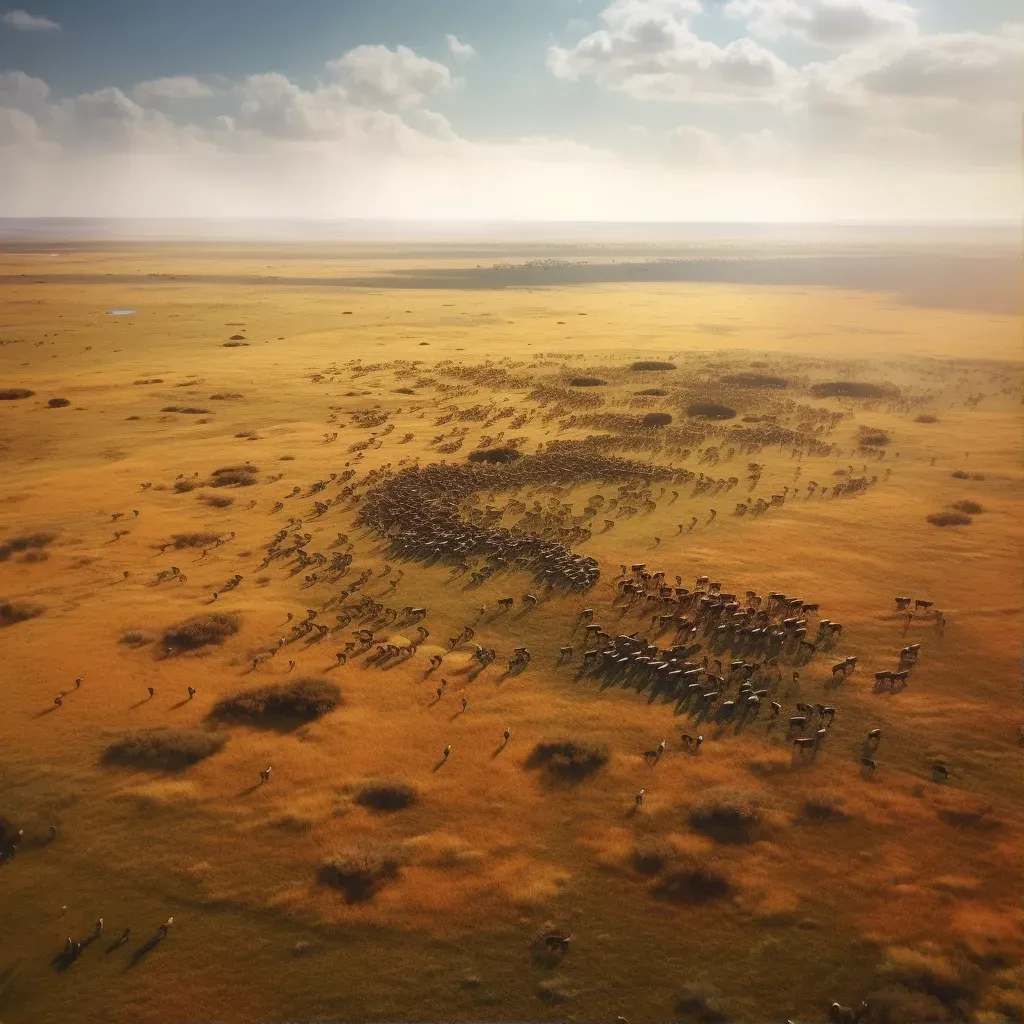 Aerial view of a vast savannah with herds of animals - Image 1