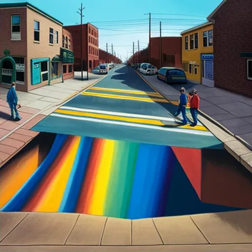 Colorful 3D street painting on a pedestrian road creating an optical illusion of depth - Image 2