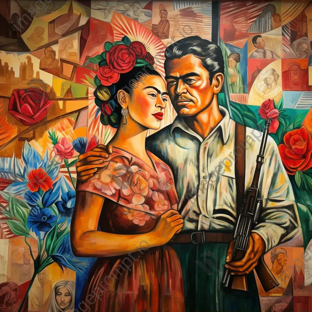 A vibrant mural depicting Frida Kahlo and Diego Rivera in the throes of artistic creation - Image 1