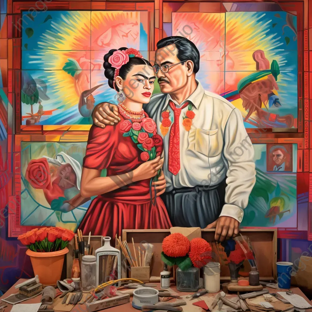 A vibrant mural depicting Frida Kahlo and Diego Rivera in the throes of artistic creation - Image 2