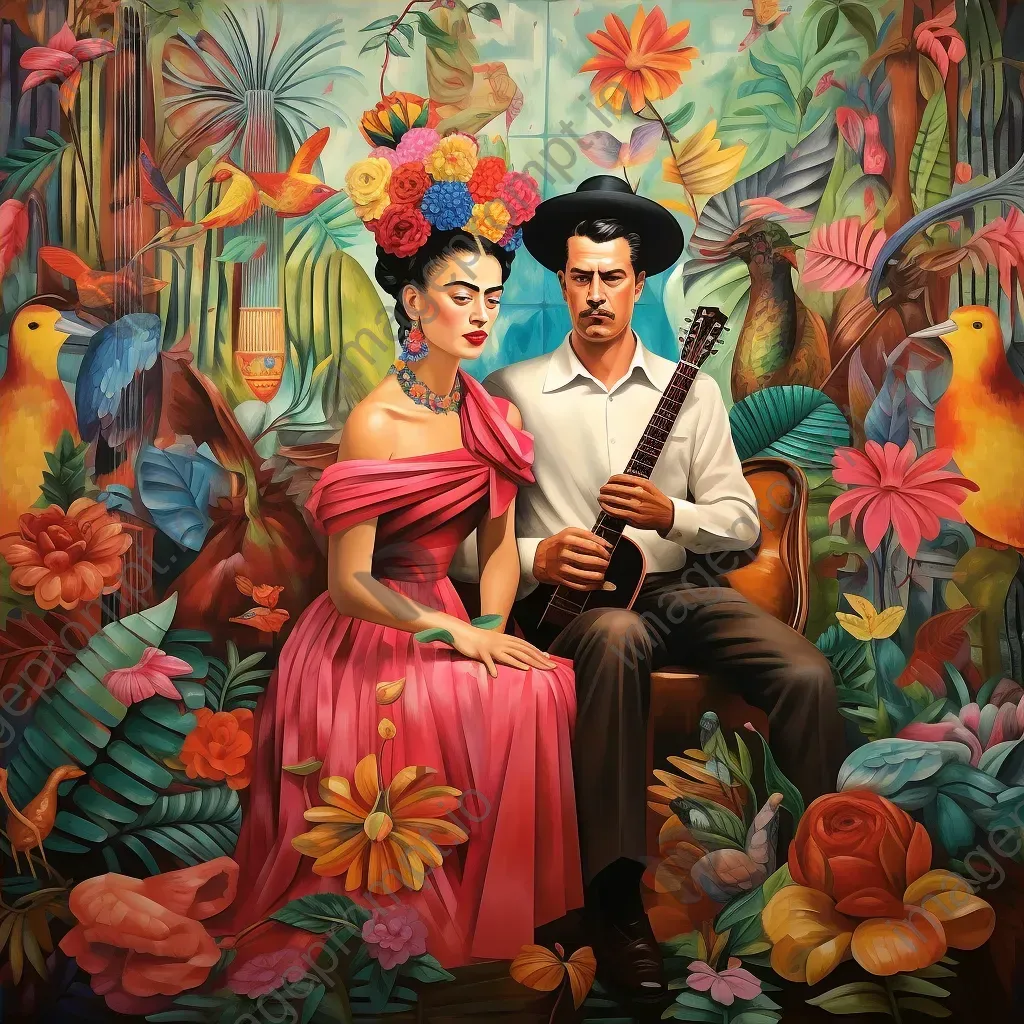 A vibrant mural depicting Frida Kahlo and Diego Rivera in the throes of artistic creation - Image 4