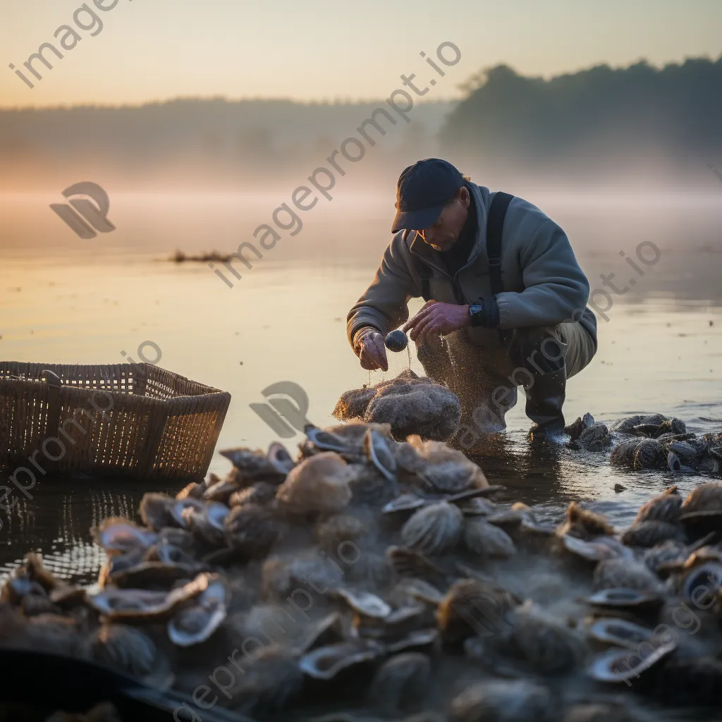 Fisherman harvesting oysters in early morning mist - Image 1