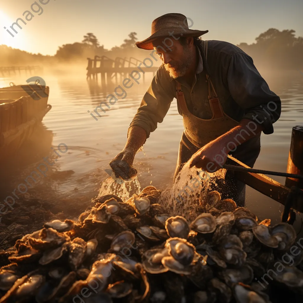 Fisherman harvesting oysters in early morning mist - Image 3