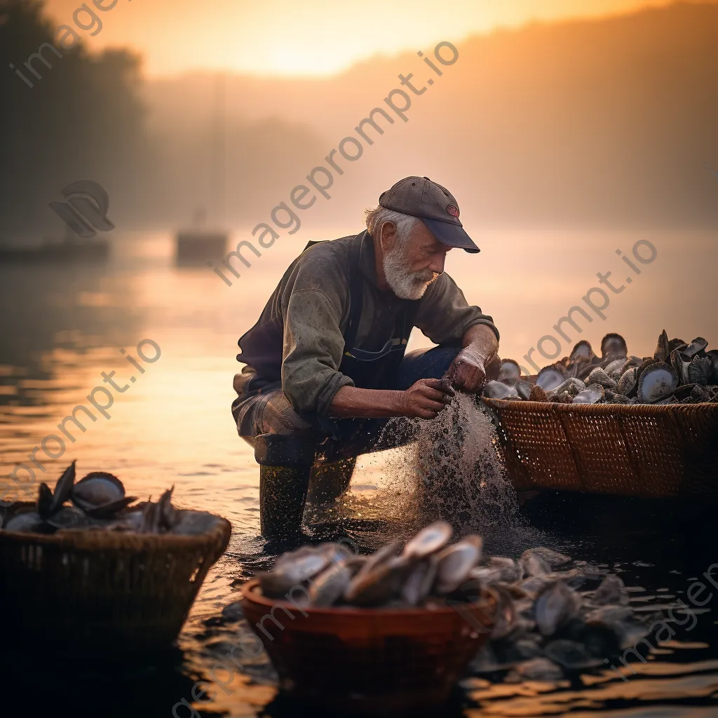 Fisherman harvesting oysters in early morning mist - Image 4