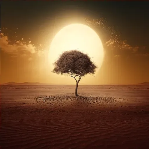 Single tree in the middle of a vast, empty desert under a blazing sun - Image 4