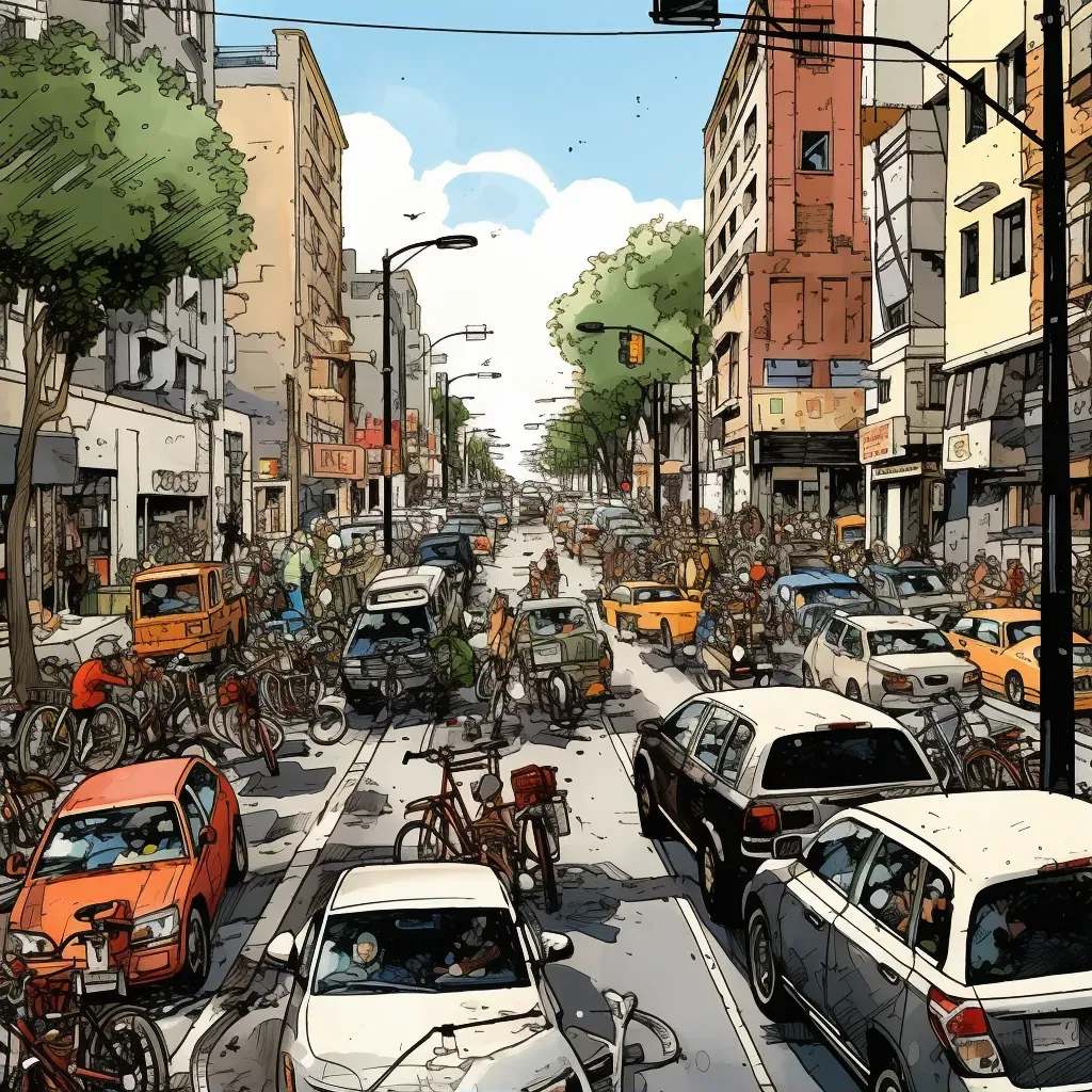 Transition from Chaotic Traffic to Peaceful Bike Lane - Urban Transportation Contrast - Image 2