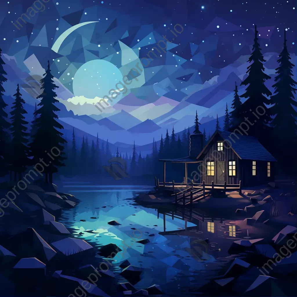 Low poly depiction of a starry night over a solitary cabin - Image 1