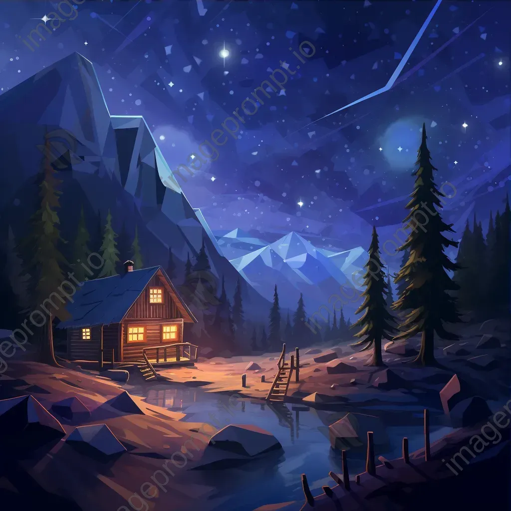 Low poly depiction of a starry night over a solitary cabin - Image 3